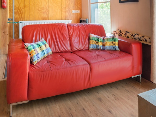 Un canapé en cuir rouge agrémenté de coussins colorés, un plancher en bois, un radiateur et une fenêtre donnant sur des arbres.