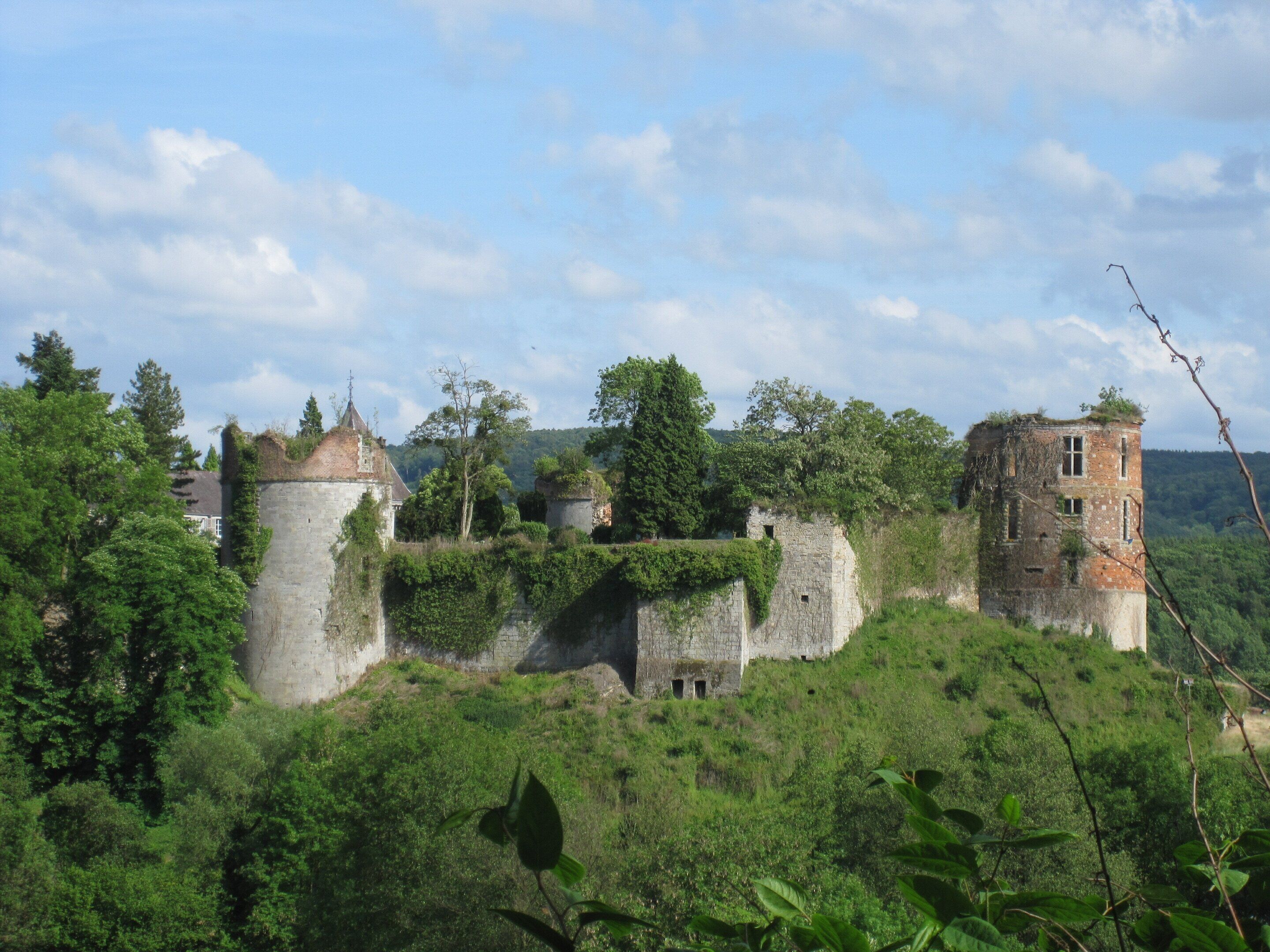 An old stone castle with multiple towers and walls, surrounded by lush greenery.