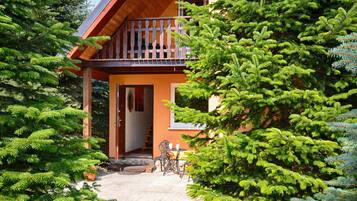 A wooden cabin with a balcony, surrounded by dense evergreen trees.