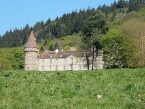 A historic building with a tower, surrounded by lush greenery and a forested hillside. - Holiday Home in Grury With Pool & Garden (Grury)