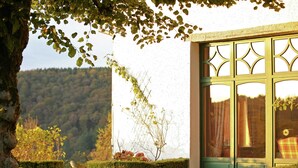 A house with a green door and a window with a decorative frame. There is a hedge in front of the house and a tree with green leaves. - Home Near Bouillon Castle (Bouillon)