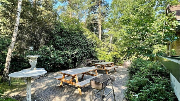 Een buitenterras met picknicktafels en een decoratieve fontein, omgeven door weelderige beplanting en bomen.