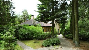 Een huis omgeven door weelderige begroeiing, een geplaveid pad en een schoorsteen.