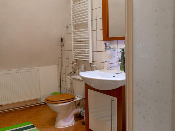 Un baño con inodoro, lavamanos y ducha.