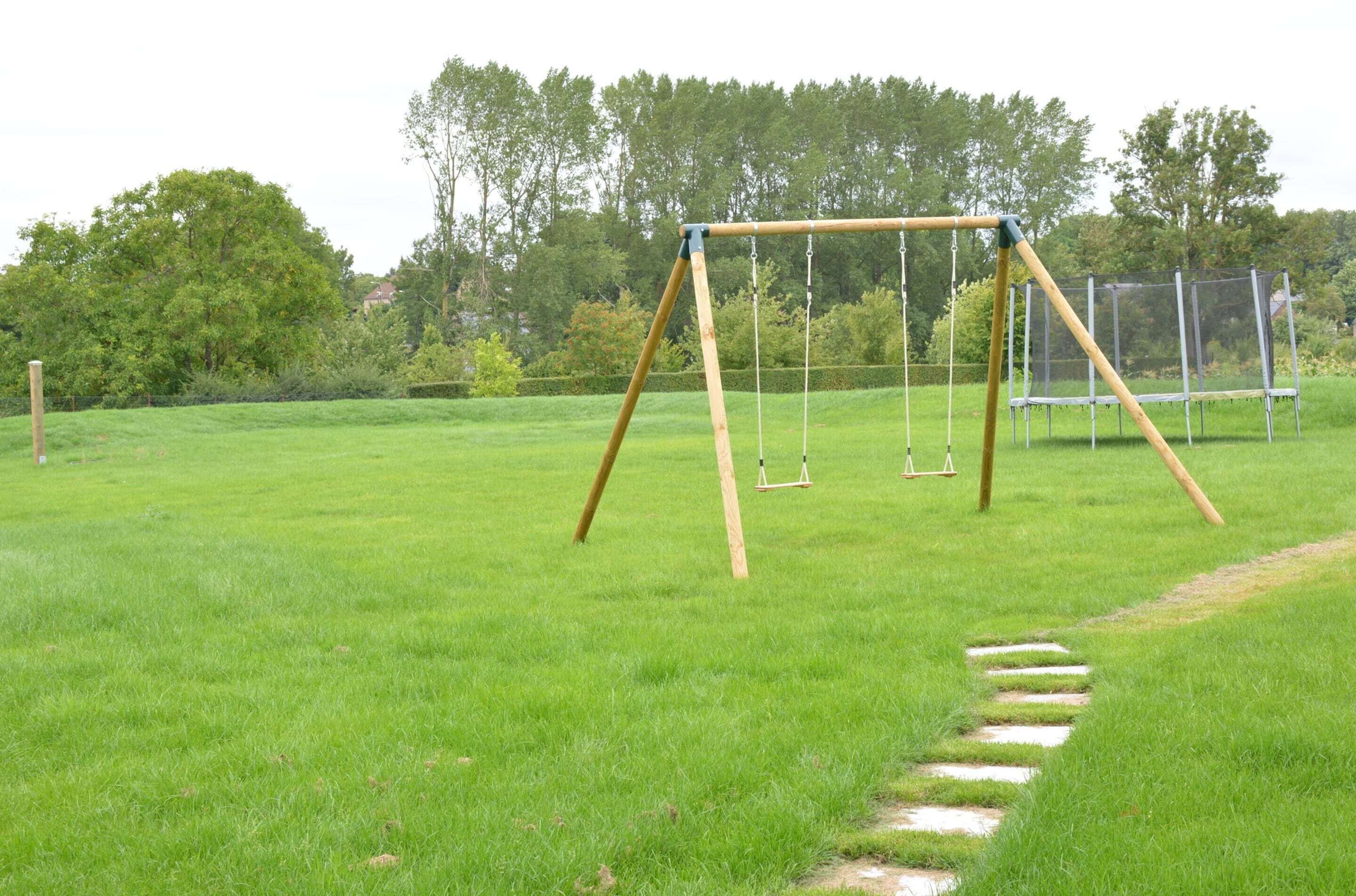 Une balançoire installée dans un champ herbeux, avec des arbres en arrière-plan.