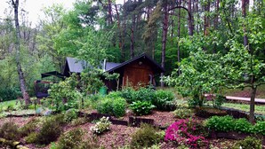 A rustic cabin surrounded by dense forest, with a wooden deck and a small garden area. - Chalet Near Bitche With Private Sauna (Bousseviller)