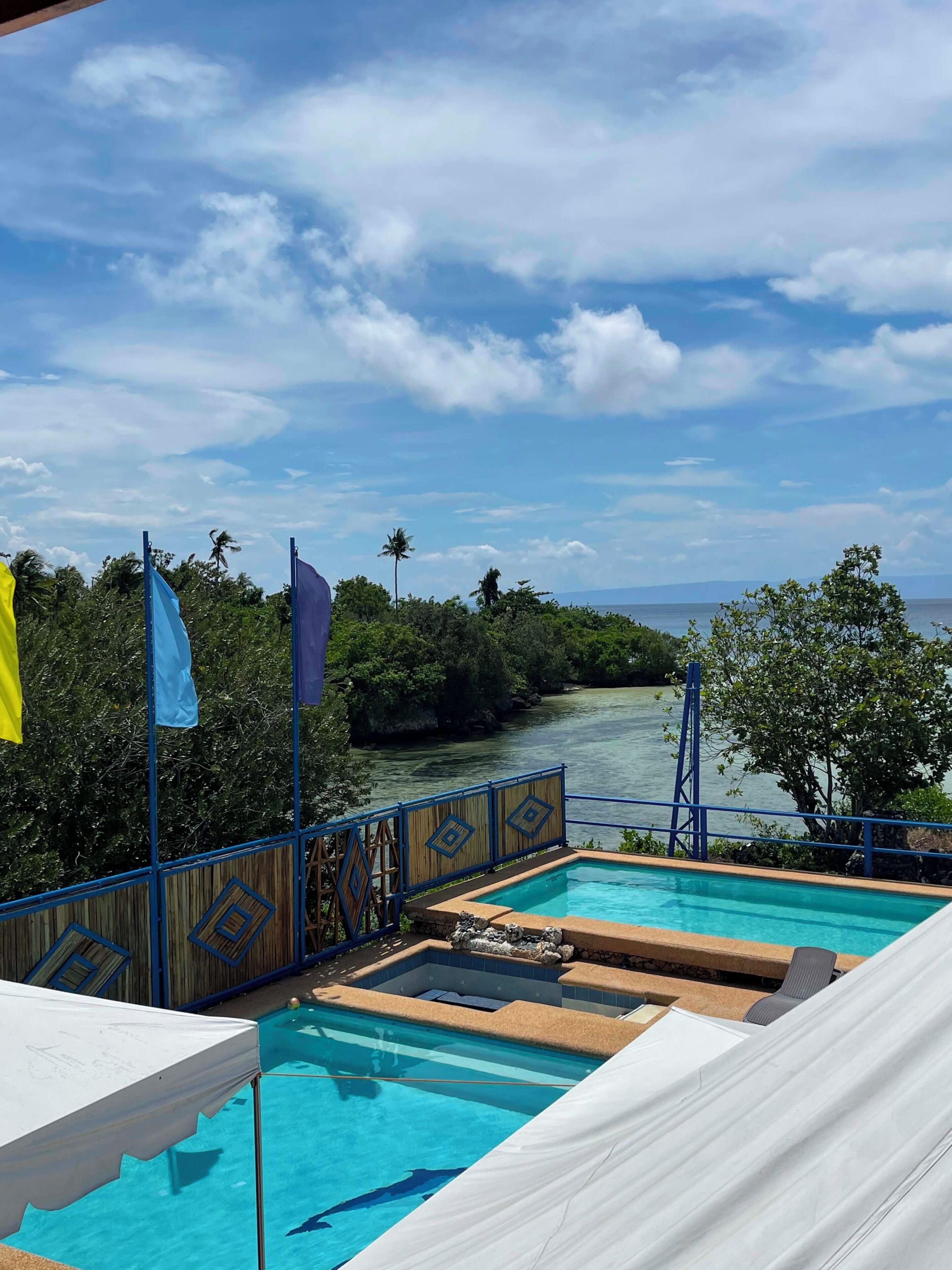 Un área de piscina con vistas al agua y follaje.