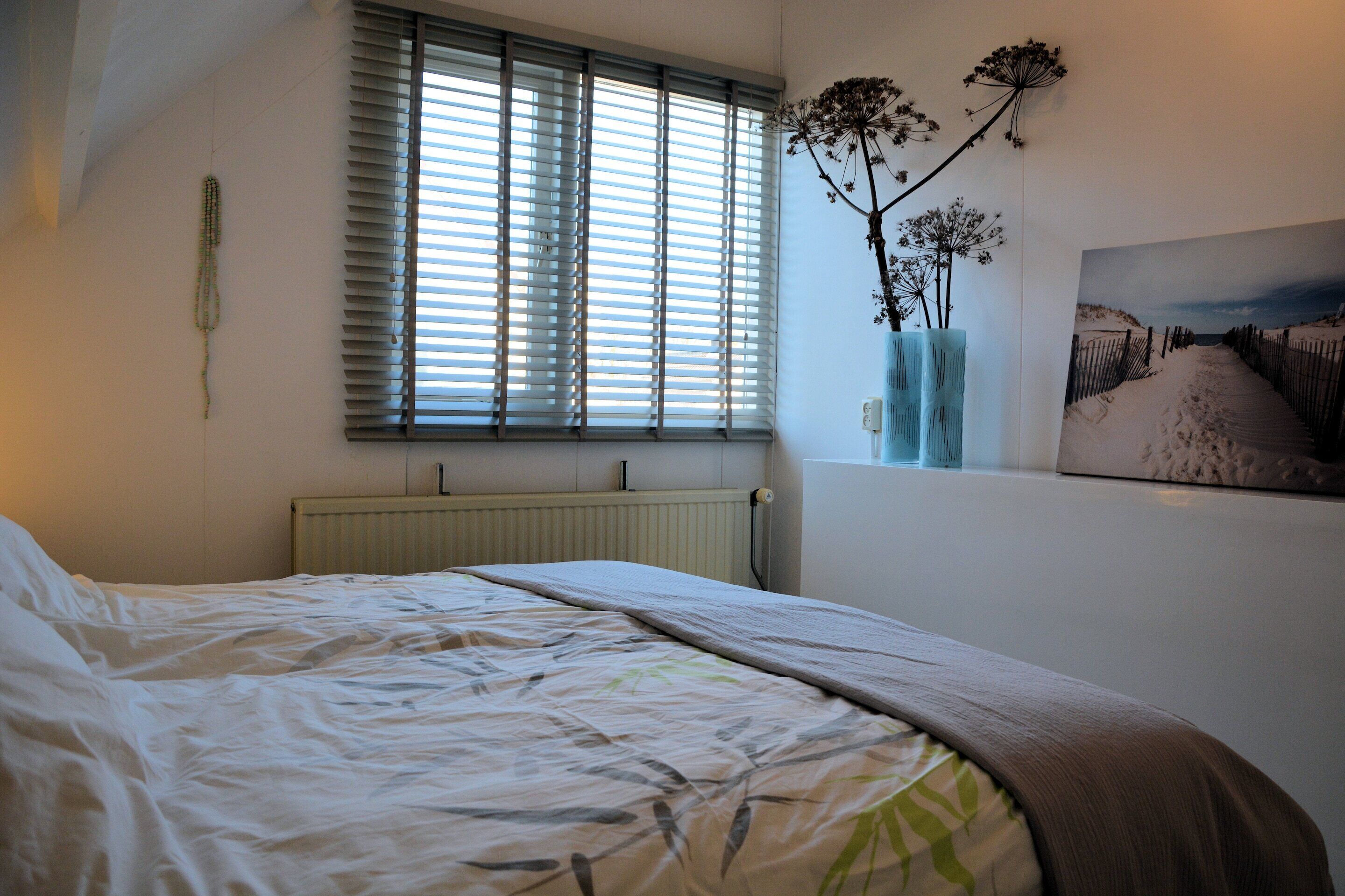 Una camera da letto con un letto, un termosifone, una finestra con tende e una pianta sospesa al muro, oltre a un quadro.