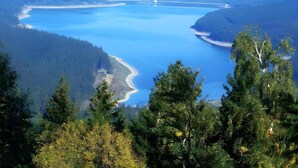 A coastal landscape with a large body of water, surrounded by dense forests and hills. - Wohnung in Nahe Harzwald (Clausthal-Zellerfeld)