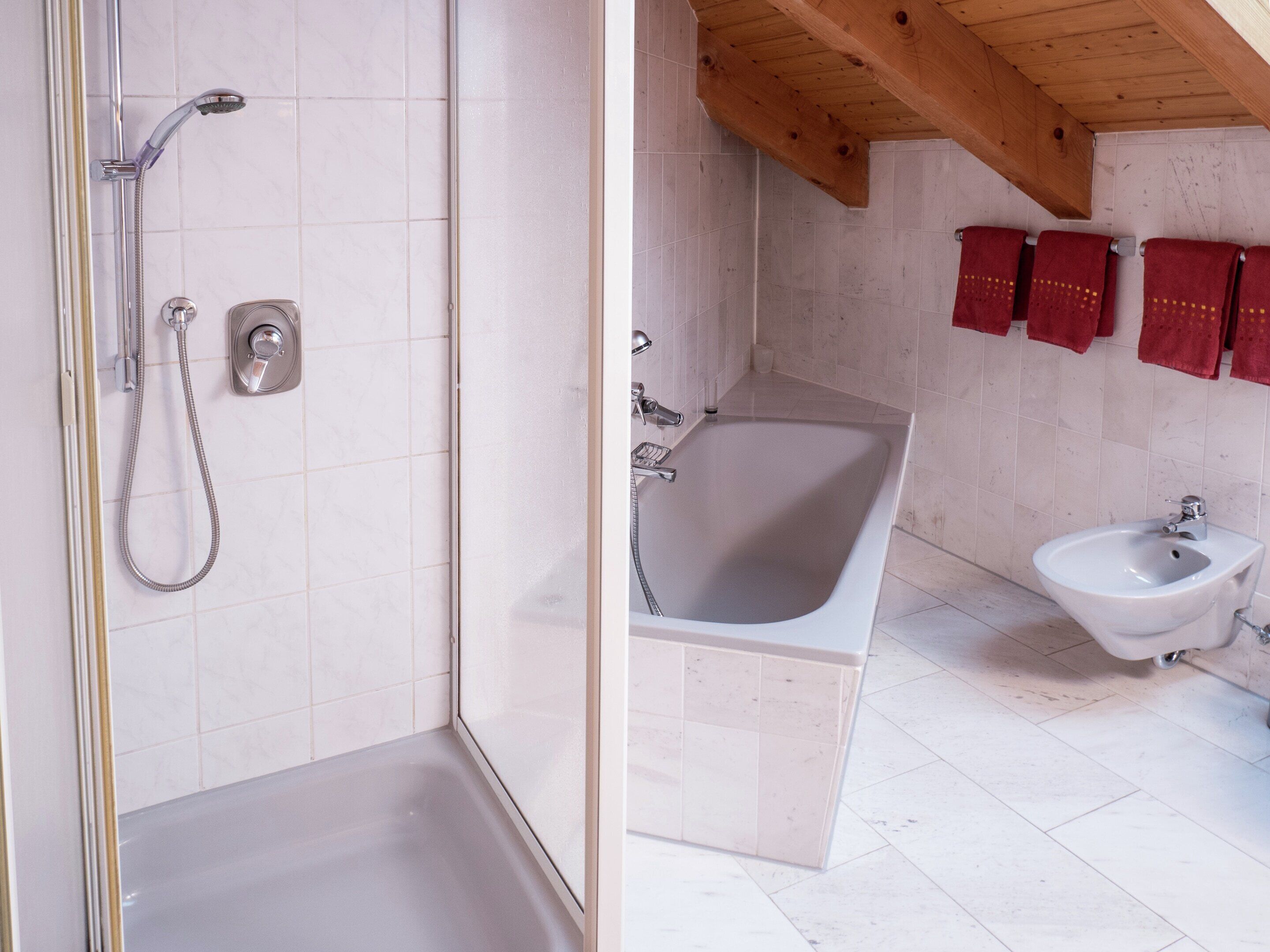 A bathroom with a shower, a bathtub, and a bidet.