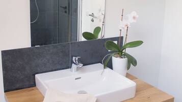 Buồng tắm vòi sen, máy sấy tóc, khăn tắm