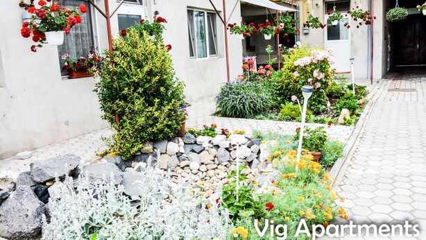 Un immeuble résidentiel doté d’un jardin agrémenté de diverses plantes et fleurs.