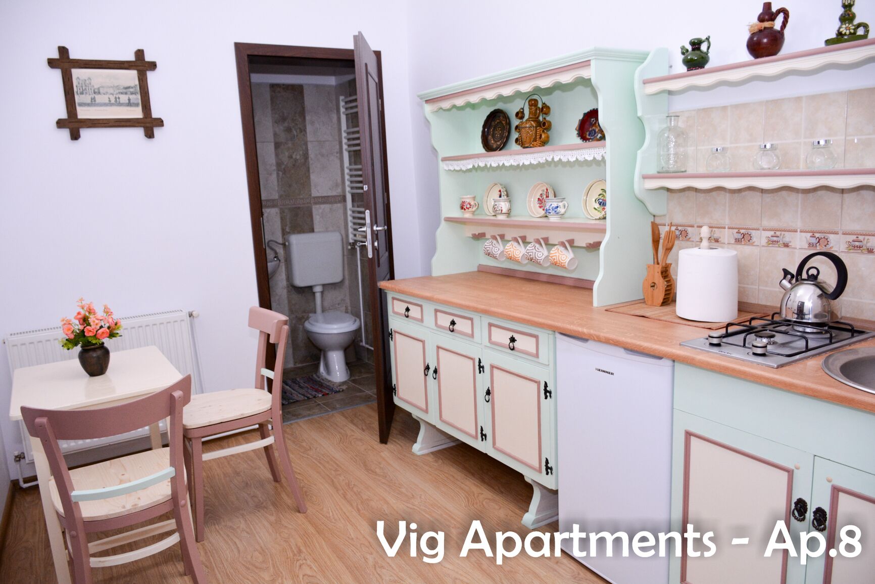 Fridge, coffee/tea maker, cookware/dishes/utensils