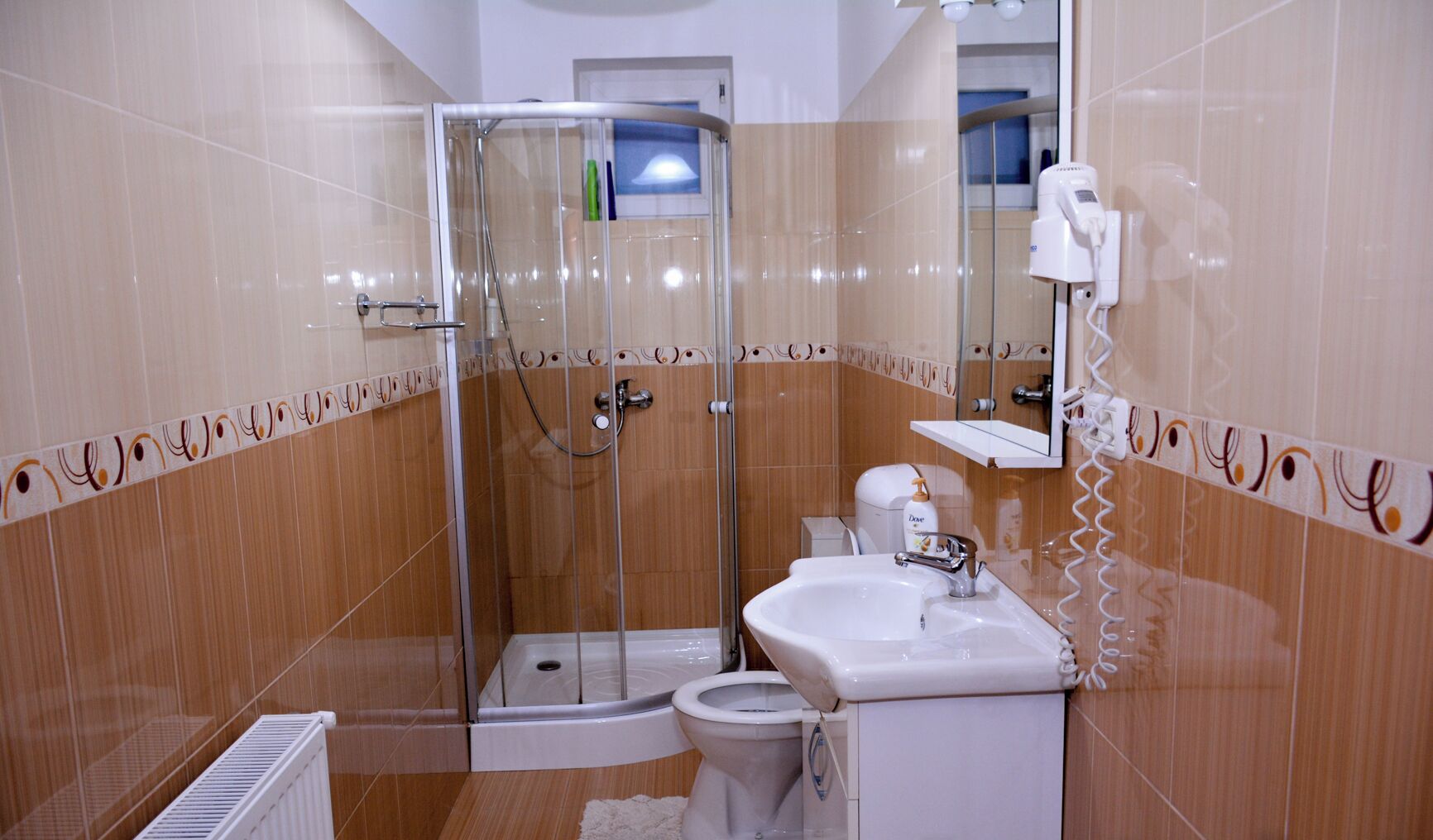 Hair dryer, towels, toilet paper