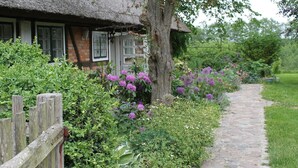A traditional thatched-roof cottage with a stone pathway leading to it, surrounded by lush greenery and flowering plants. - Ferienwohnung in Reddelich for 4 Personen (Reddelich)