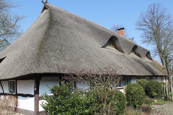 A traditional thatched-roof house with a steeply pitched roof, a chimney, and a small window. - Ferienwohnung in Reddelich for 4 Personen (Reddelich)