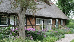 A traditional thatched-roof cottage with a stone pathway leading to the entrance. - Ferienwohnung in Reddelich for 4 Personen (Reddelich)