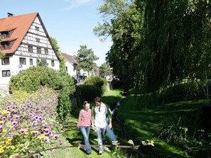 A narrow pathway flanked by lush greenery and a traditional half-timbered house. - Spacious Apartment near Forest in Bad Dürrheim (Bad Duerrheim)
