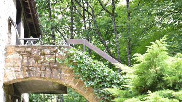 A stone bridge with a metal railing, surrounded by lush greenery and trees. - Cottage in the Heart of the Ardennes Woods (Manhay)