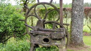 An old, rusted metal structure resembling a ship's wheel, surrounded by greenery and trees. - Holiday Home in Waimes With Private Garden (Waimes)
