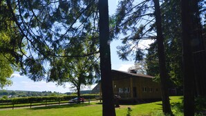 A wooden cabin with a balcony, surrounded by lush greenery and trees. - Welcoming Cottage in Hatrival With Terrace (Saint-Hubert)