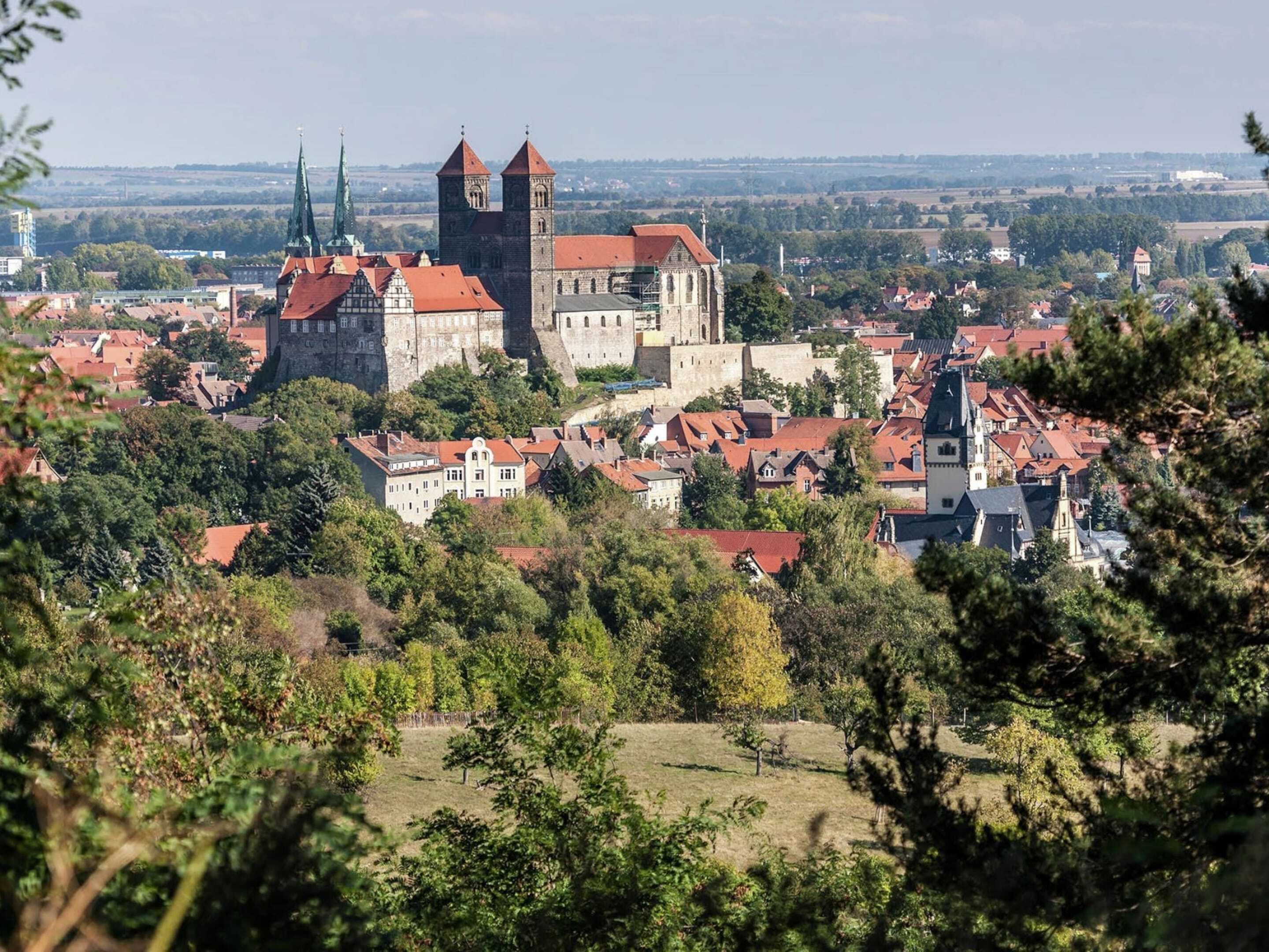 A historic town with a prominent castle featuring a red-tiled roof and two towers, surrounded by residential buildings and lush greenery.