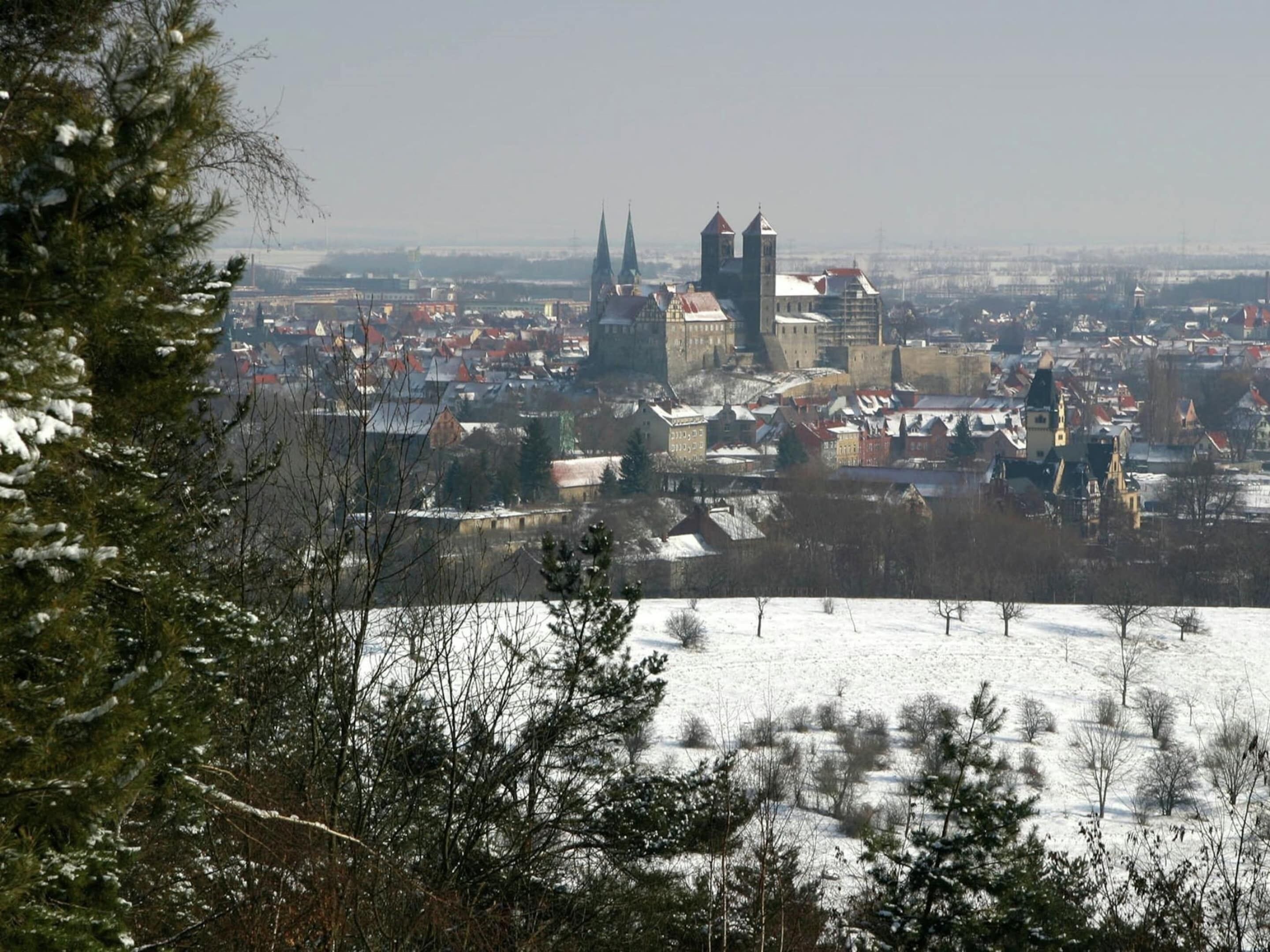 Une ville historique dotée d’une architecture médiévale remarquable, avec notamment un château imposant et des flèches élancées.