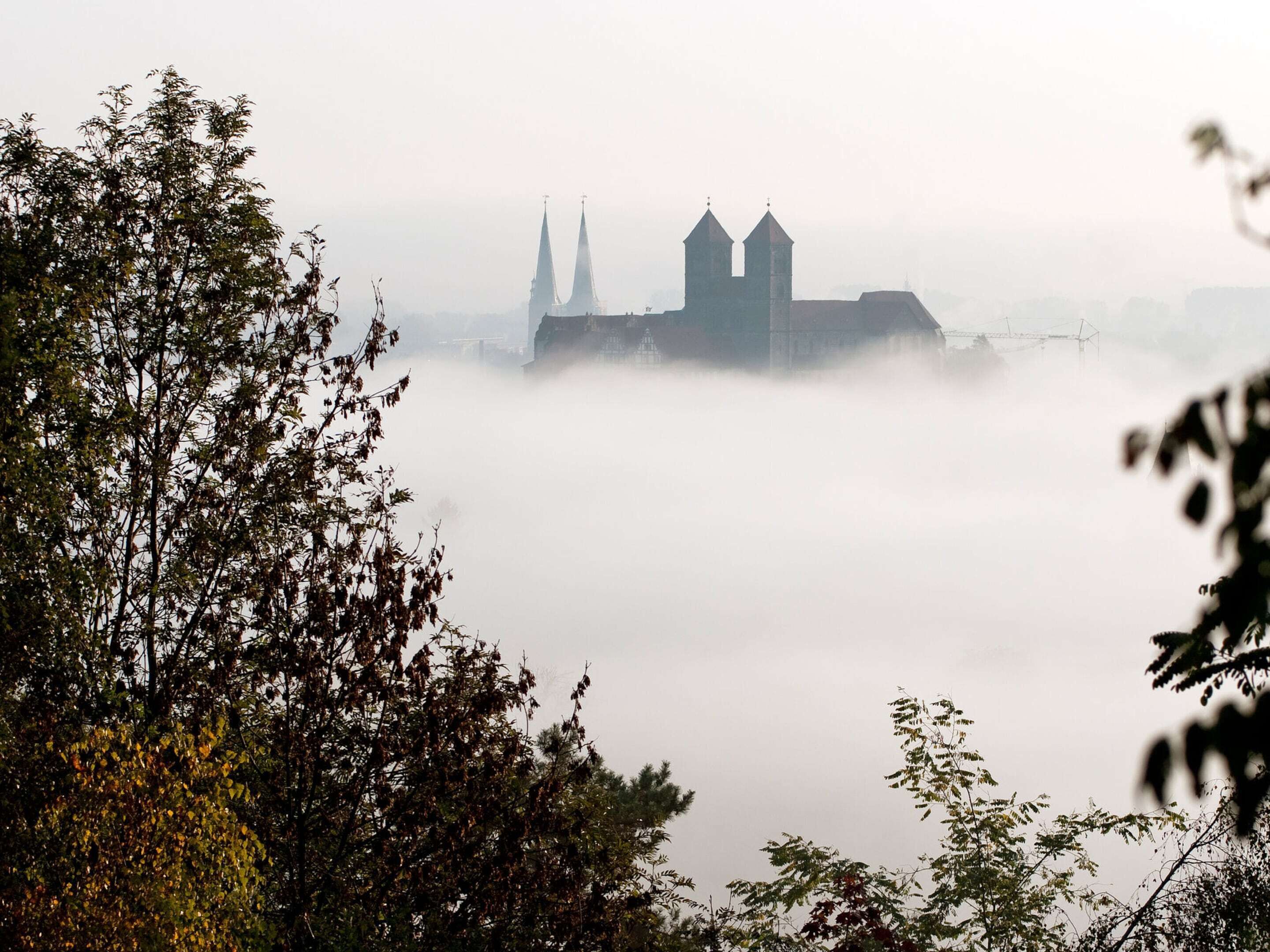 A foggy landscape with a church and two towers, surrounded by trees.