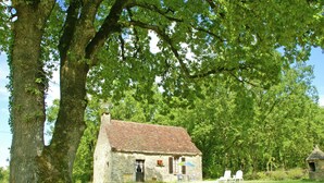 A stone cottage with a tiled roof, surrounded by lush greenery and large trees. - Romantic Cottage, Berbiguieres (Allas-les-Mines)