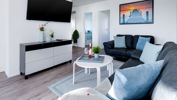 A modern living room with a flat-screen TV, a sofa, a coffee table, and a painting on the wall. - Ostseeskipper - Whirlpool, Shower, Fireplace, Infrared Sauna, 1st Floor, Grill (Olpenitz)