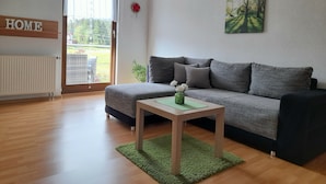 A living room with a grey sofa, a small wooden table, and a green rug. A radiator is visible on the left, and a door leads to an outdoor area. - Attic Apartment, Herrischried (Herrischried)