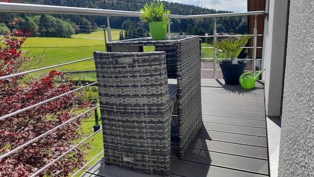 A balcony with wicker furniture, a potted plant, and a view of a green field and forest. - Attic Apartment, Herrischried (Herrischried)