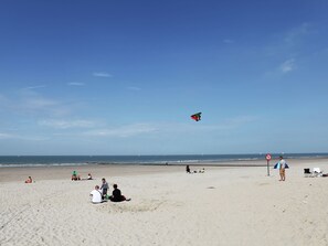 A beach with people relaxing and a kite flying. - Cozy Apartment near Oostende in Bredene (Bredene)