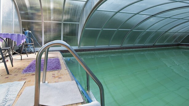A swimming pool with a glass enclosure, a ladder, and a table with chairs. - Holiday Home Beerheide Near Ski Slopes (Auerbach)