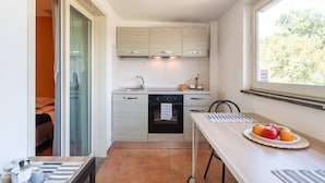 A compact kitchen with a built-in oven, a sink, and a window providing a view of the outdoors. - Villa in Monterotondo With Pool & Tiber Views (Monterotondo)