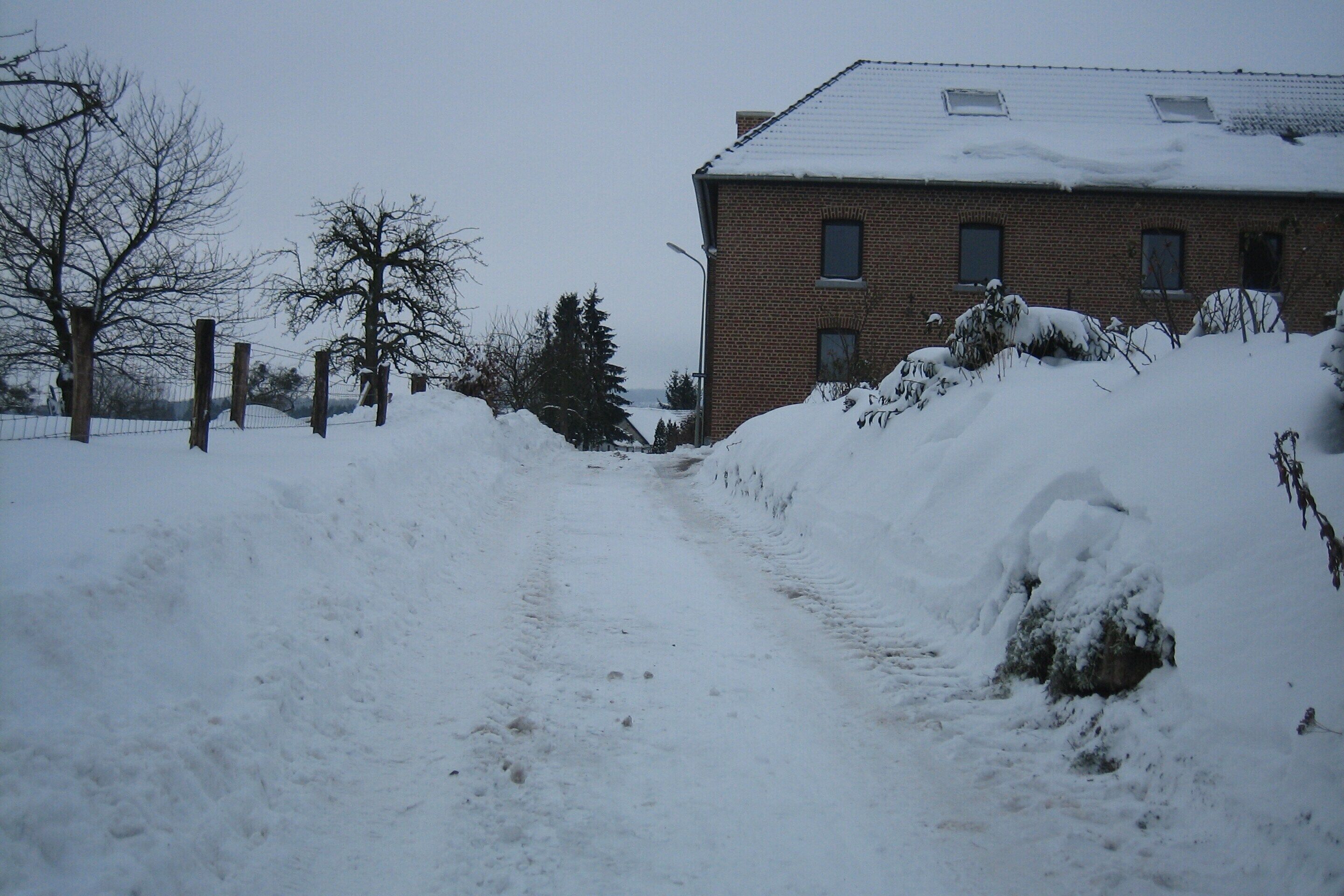A snow-covered path leading to a brick building with multiple windows.