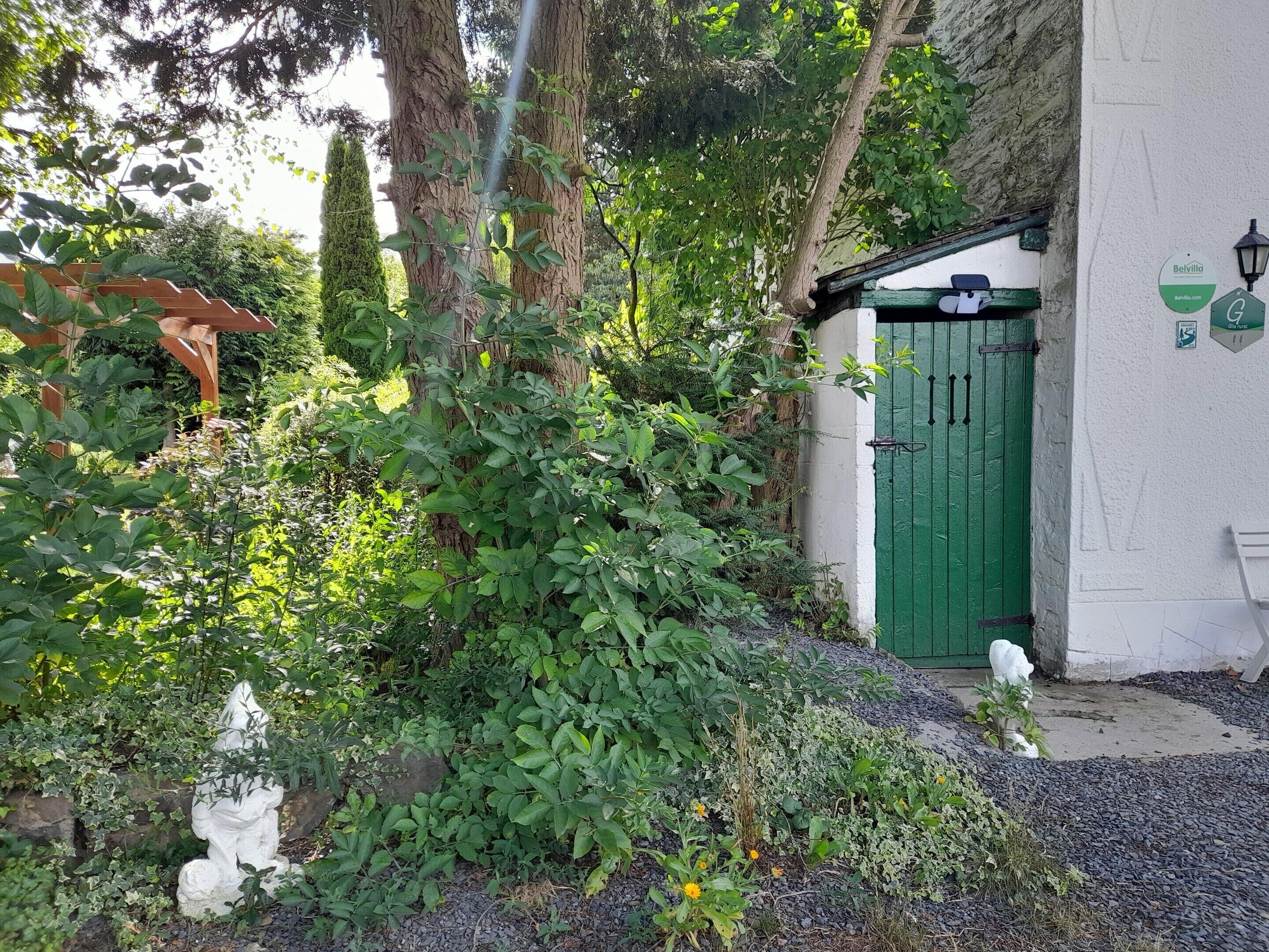 A garden with a green door, a stone statue, and a pergola.