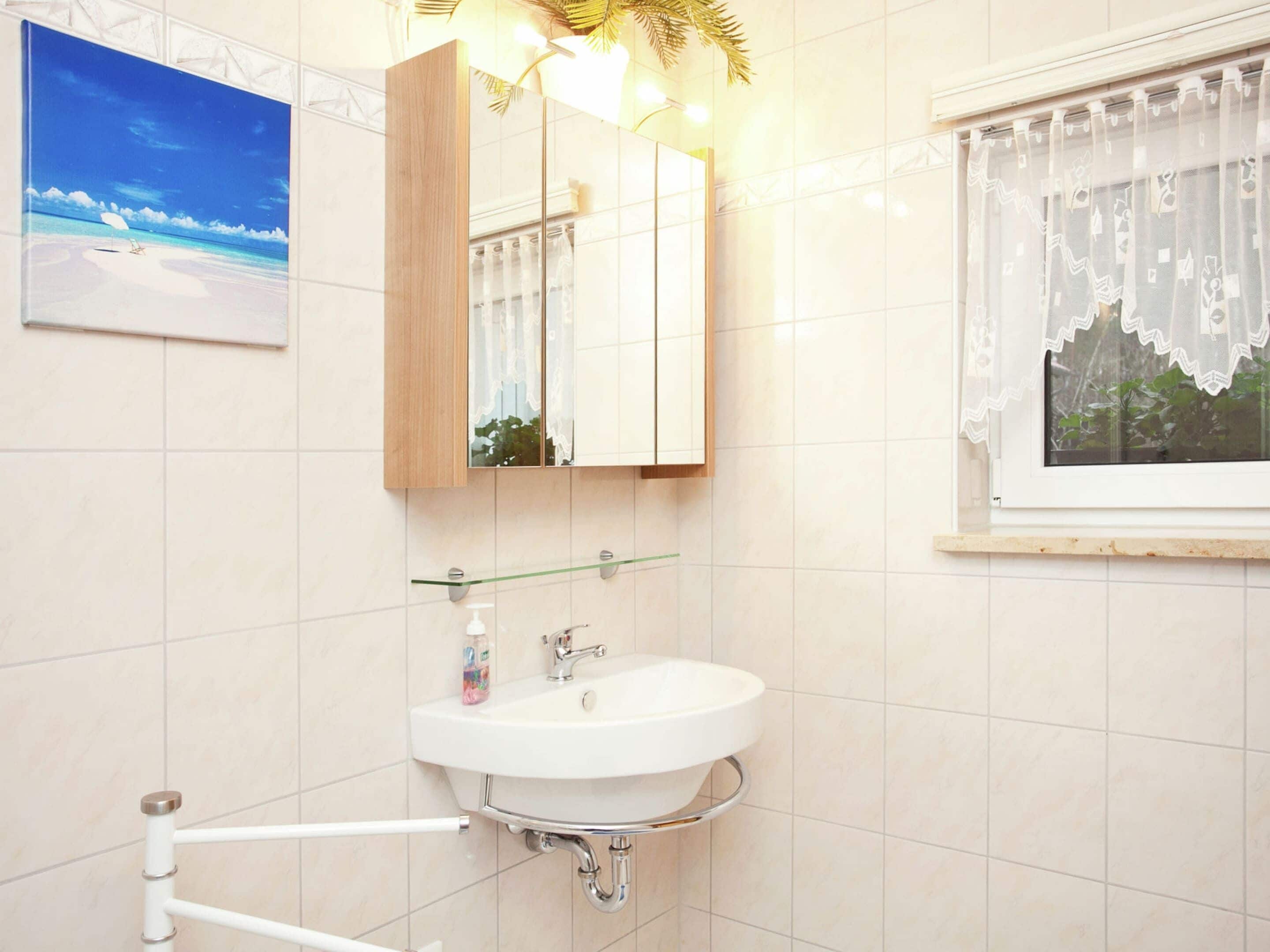 A bathroom with a white sink, a mirror, and a window with a decorative curtain.