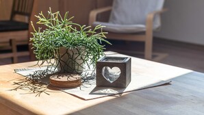 A wooden table with a potted plant, a candle holder, and coasters. - Eifel Lakeside Family Escape (Ellscheid)