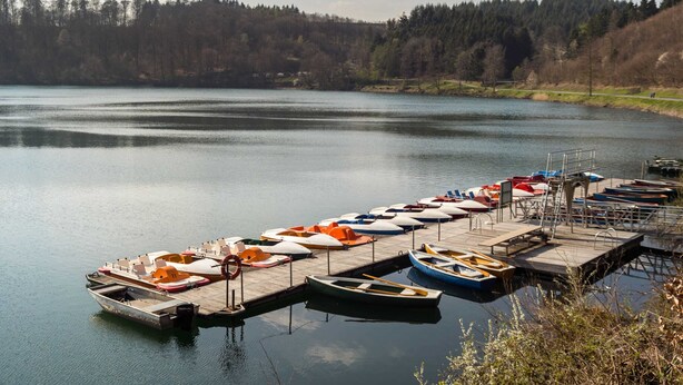 A calm lake with a dock lined with small boats and a forested hillside in the background. - Eifel Lakeside Family Escape (Ellscheid)