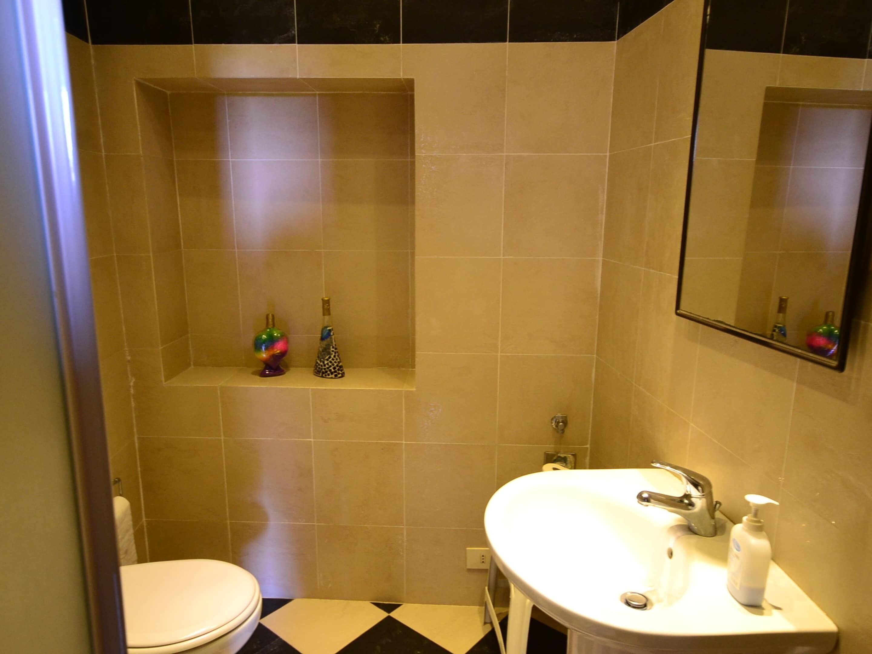 A bathroom with a toilet, sink, mirror, and two shelves with toiletries.