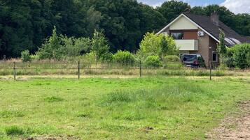 A house with a fenced yard, a car parked in the driveway, and a forest in the background.
