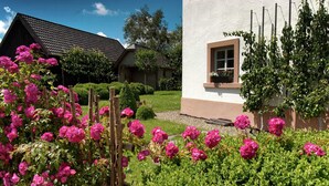 A house with a garden, a wooden fence, and a window with a plant. - Holiday Home in Bullange With Sauna (Buellingen)