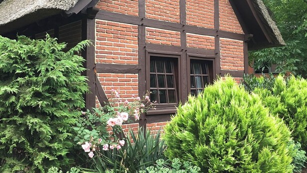 Uma casa tradicional em enxaimel, com telhado de palha, rodeada por vegetação exuberante e plantas floridas.