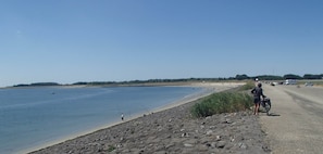 A beach with a rocky shoreline, a person fishing, and a bicycle.