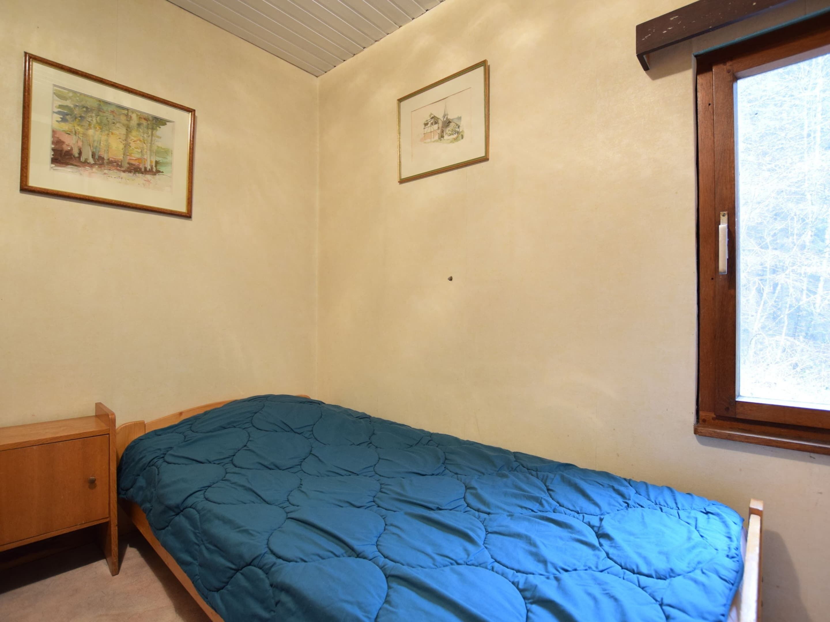 A small bedroom with a single bed, a wooden nightstand, two framed pictures on the walls, and a window with a view of trees.