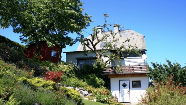 A two-story house with a sloped roof, surrounded by a well-maintained garden with various plants and a lawn. - Apartment in Willingen Near Ski Lift (Willingen)