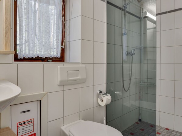 A bathroom with a toilet, sink, and a glass-enclosed shower stall.