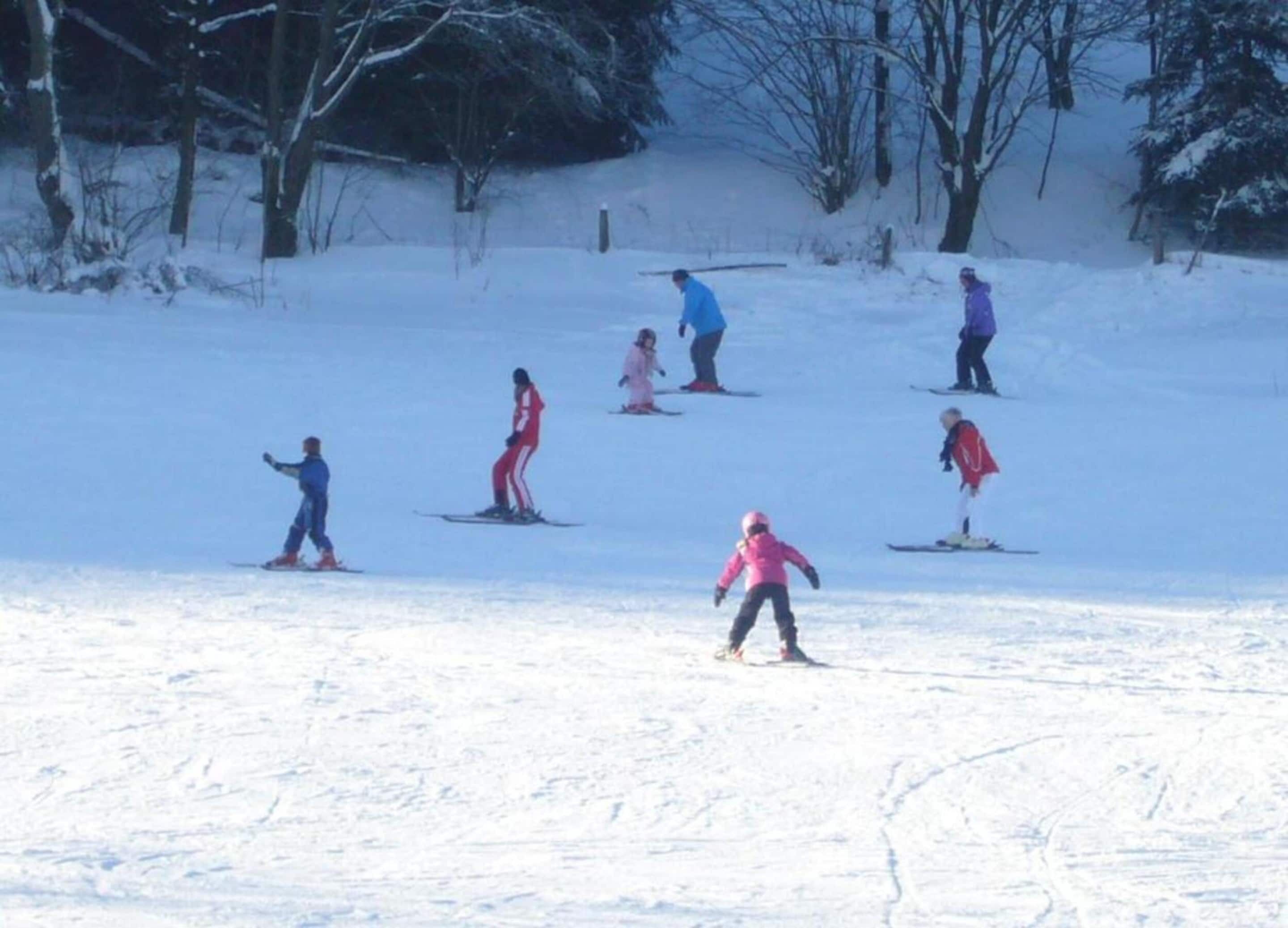 Ein verschneiter Skiabhang mit Skifahrern.