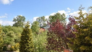 A wooden deck with a view of a garden and trees. - Quaint Apartment in Rerik near Sea (Rerik)